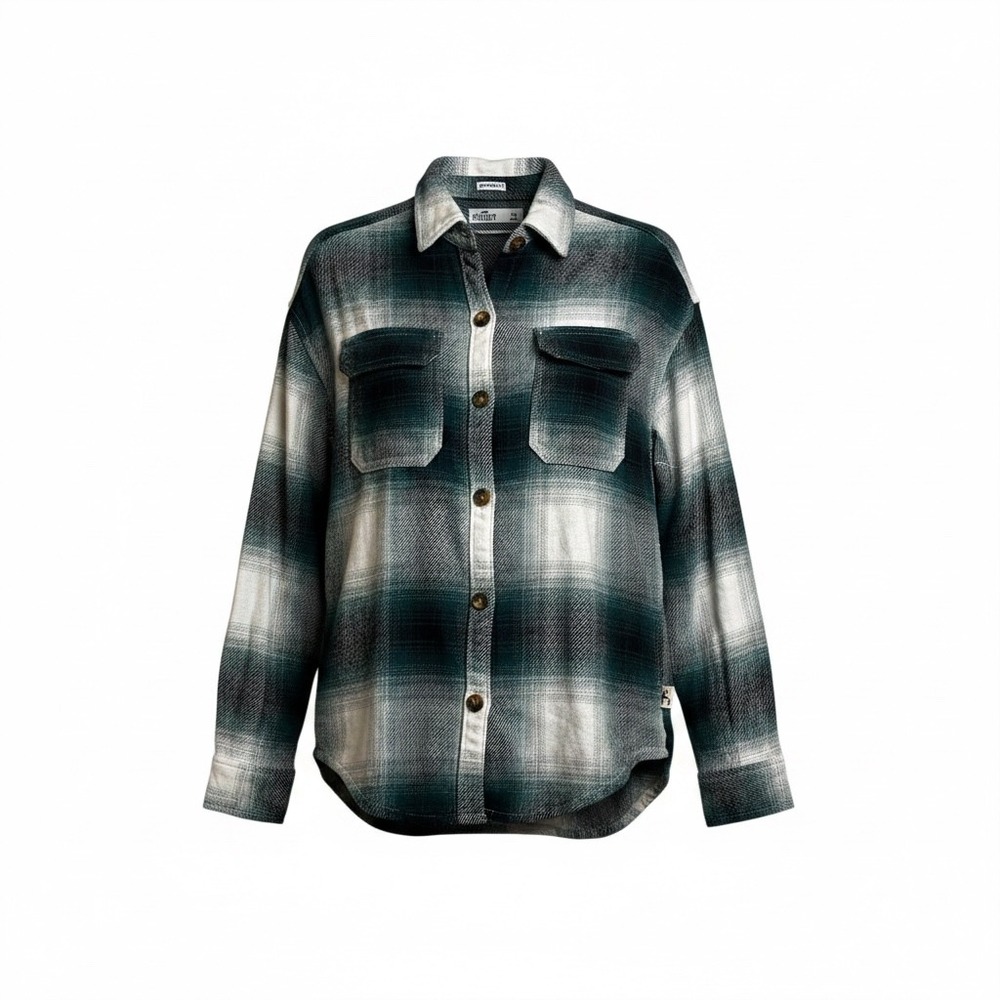 Hollister Womens XS Boyfriend Fit‎ Flannel Shirt Dark Green White Plaid Shacket